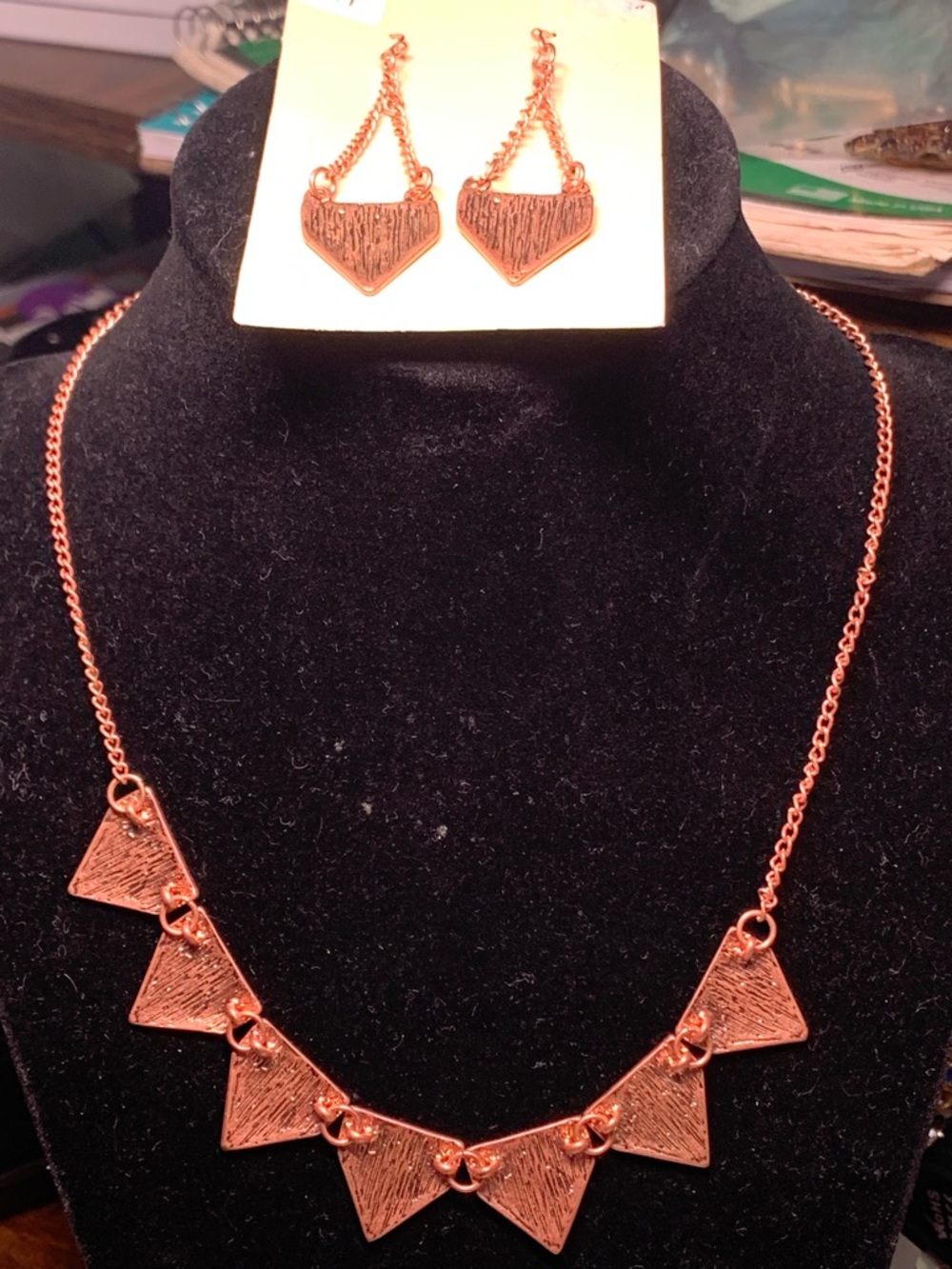 Hand Crafted Copper-Tone Triangle Pendant Necklace with Matching Earrings